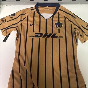 Nike Gold and Black Pinstripe Soccer Jersey with DHL and Pumas Crest